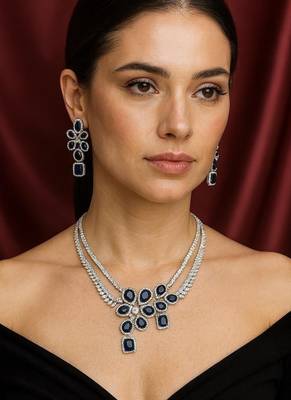 sapphire cz bridal jewellery set silver plated floral necklace earrings 1
