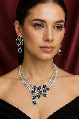 sapphire cz bridal jewellery set silver plated floral necklace earrings