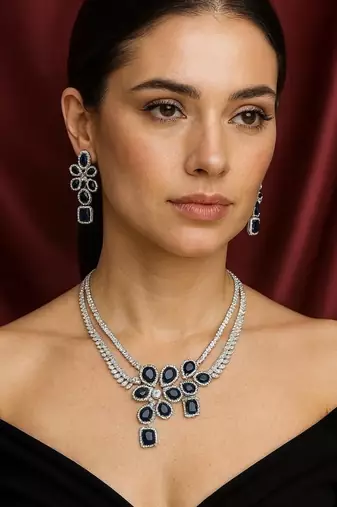 sapphire cz bridal jewellery set: silver plated floral necklace earrings