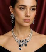 sapphire cz bridal jewellery set silver plated floral necklace earrings