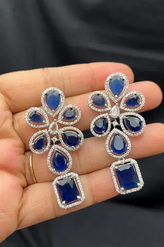 sapphire cz bridal jewellery set: silver plated floral necklace earrings