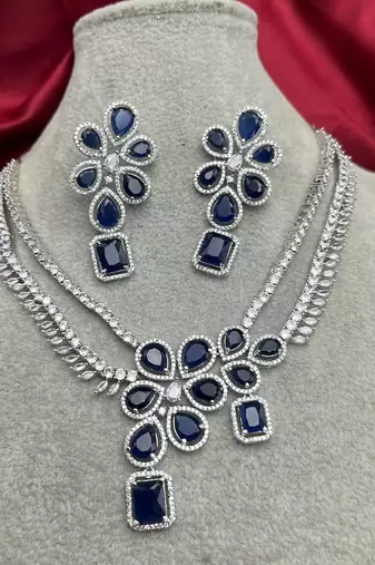 sapphire cz bridal jewellery set: silver plated floral necklace earrings