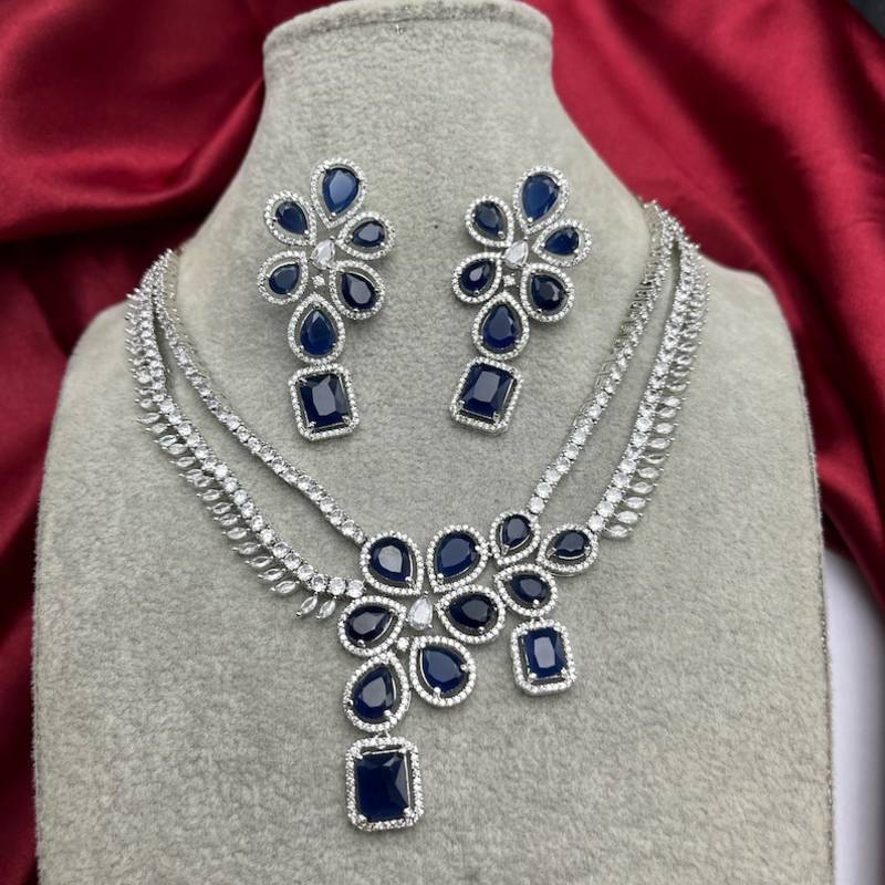 sapphire cz bridal jewellery set silver plated floral necklace earrings