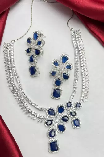 sapphire cz bridal jewellery set: silver plated floral necklace earrings