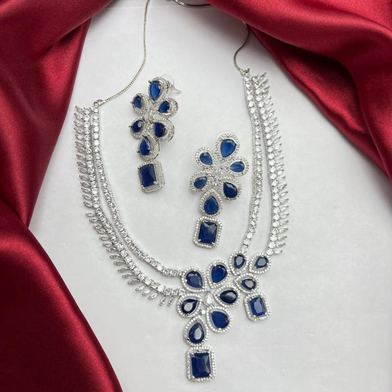 sapphire cz bridal jewellery set silver plated floral necklace earrings