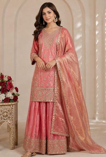 peach color embroidery sequin work silk blend salwar kameez set
