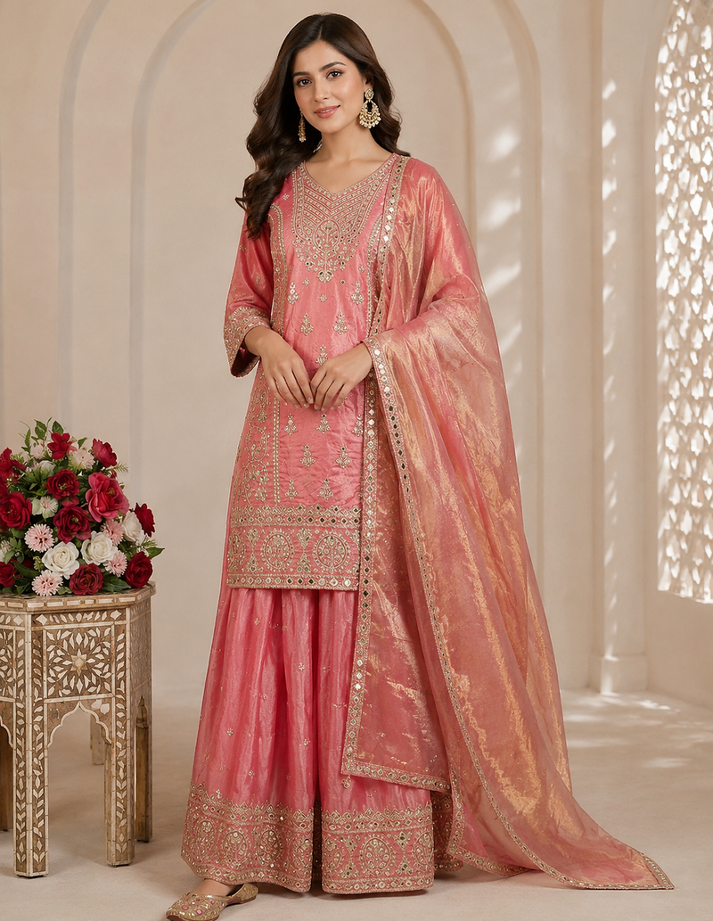 peach color embroidery sequin work silk blend salwar kameez set