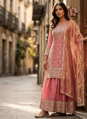 peach color embroidery sequin work silk blend salwar kameez set 2