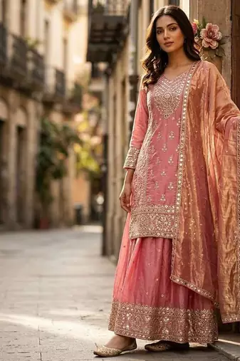 peach color embroidery sequin work silk blend salwar kameez set