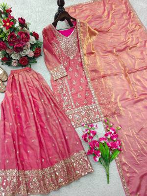 peach color embroidery sequin work silk blend salwar kameez set 3