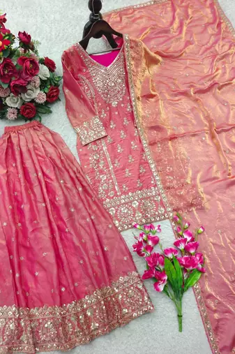 peach color embroidery sequin work silk blend salwar kameez set
