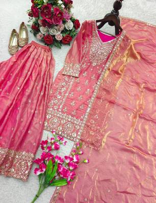 peach color embroidery sequin work silk blend salwar kameez set 4