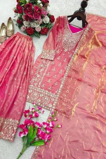 peach color embroidery sequin work silk blend salwar kameez set