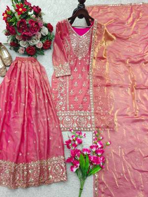 peach color embroidery sequin work silk blend salwar kameez set 5
