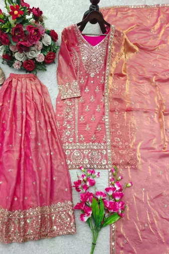 peach color embroidery sequin work silk blend salwar kameez set