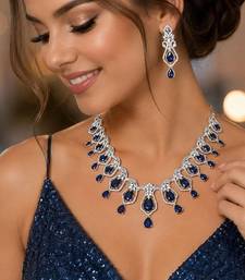 sapphire blue teardrop necklace & earring set bridal cubic zirconia jewellery
