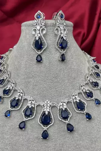 sapphire blue teardrop necklace & earring set: bridal cubic zirconia jewellery