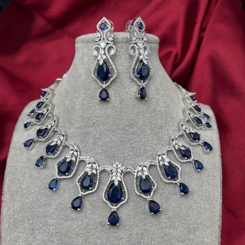 sapphire blue teardrop necklace & earring set: bridal cubic zirconia jewellery