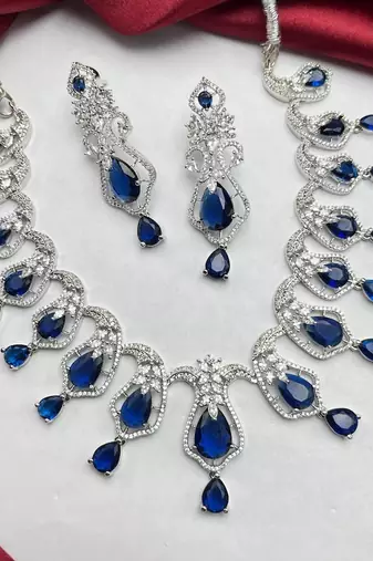 sapphire blue teardrop necklace & earring set: bridal cubic zirconia jewellery