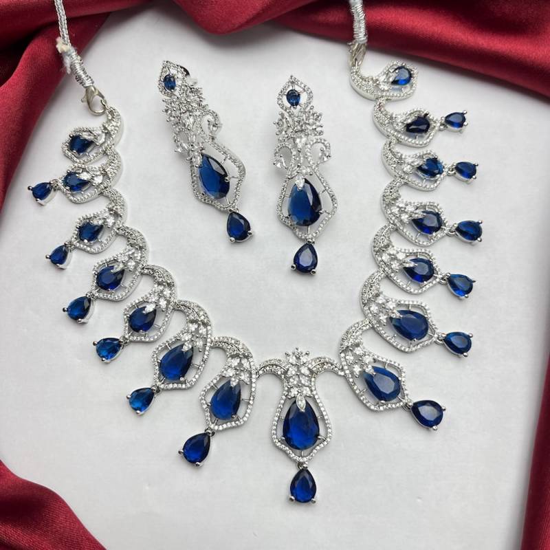 sapphire blue teardrop necklace & earring set: bridal cubic zirconia jewellery