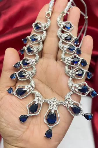 sapphire blue teardrop necklace & earring set: bridal cubic zirconia jewellery