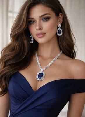 royal blue sapphire necklace & earrings set  silver cz bridal jewellery  statement party wear set 1