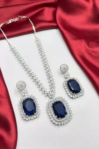 royal blue sapphire necklace & earrings set | silver cz bridal jewellery | statement party wear set
