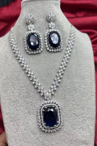royal blue sapphire necklace & earrings set | silver cz bridal jewellery | statement party wear set