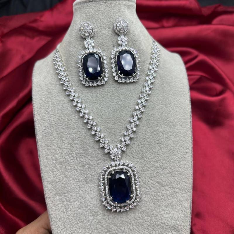 royal blue sapphire necklace & earrings set  silver cz bridal jewellery  statement party wear set