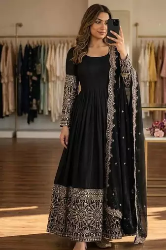 black color embroidery sequin work with real mirror work chinnon silk blend gown set