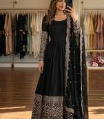 black color embroidery sequin work with real mirror work chinnon silk blend gown set