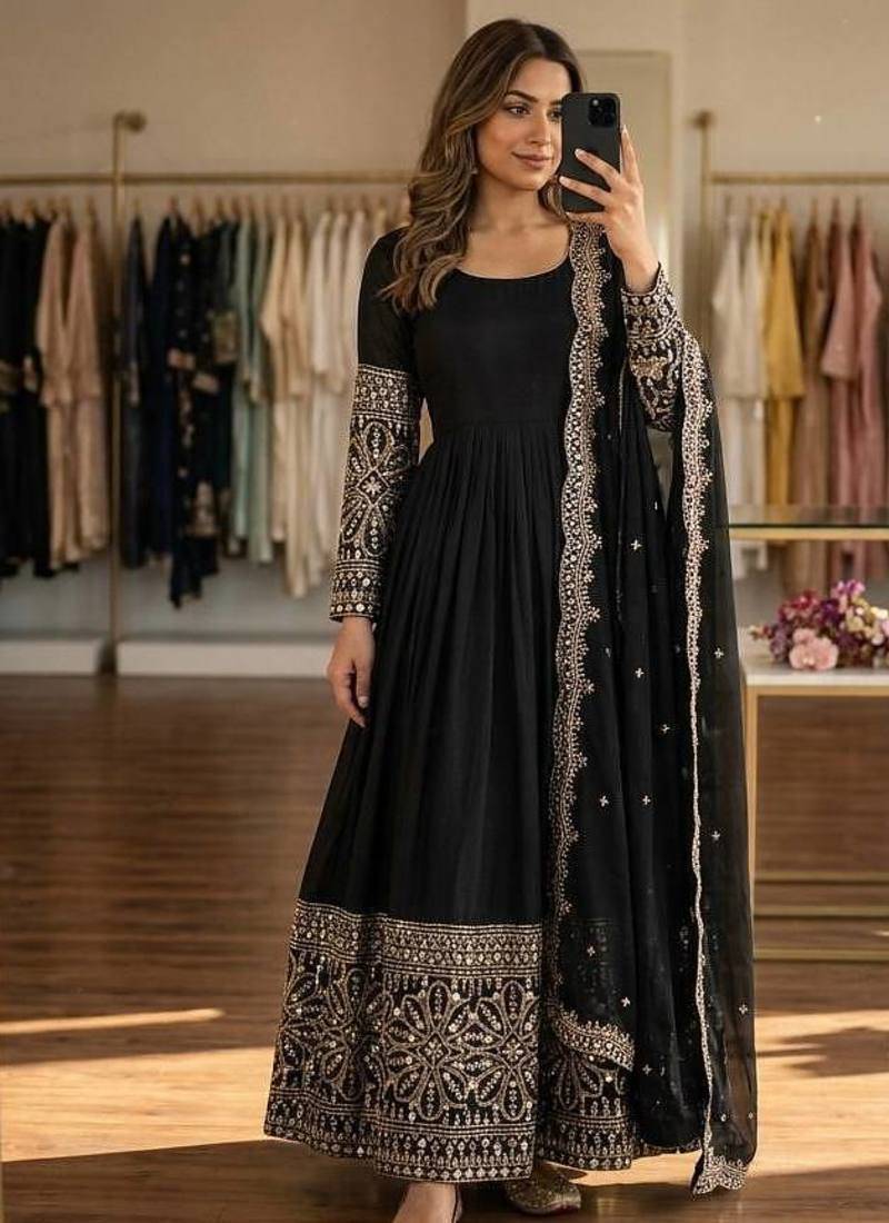 black color embroidery sequin work with real mirror work chinnon silk blend gown set