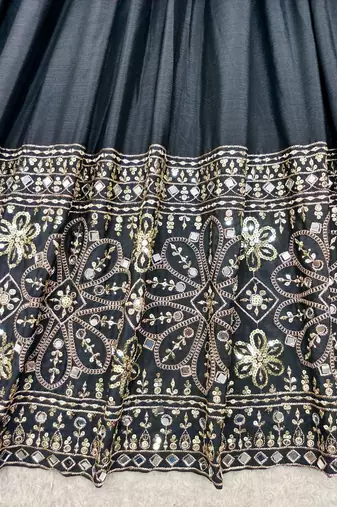 black color embroidery sequin work with real mirror work chinnon silk blend gown set