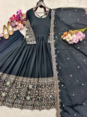 black color embroidery sequin work with real mirror work chinnon silk blend gown set 3