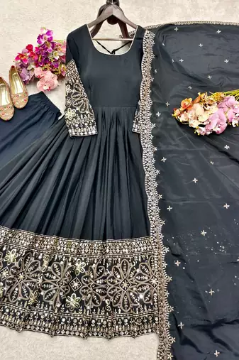 black color embroidery sequin work with real mirror work chinnon silk blend gown set