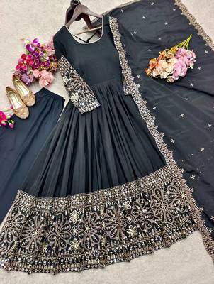 black color embroidery sequin work with real mirror work chinnon silk blend gown set 4