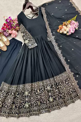 black color embroidery sequin work with real mirror work chinnon silk blend gown set