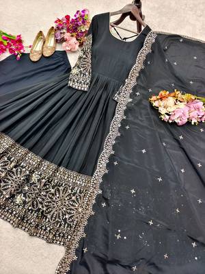 black color embroidery sequin work with real mirror work chinnon silk blend gown set 5