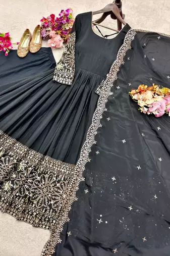 black color embroidery sequin work with real mirror work chinnon silk blend gown set