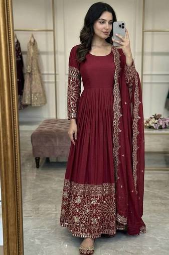 red color embroidery sequin work with real mirror work chinnon silk blend gown set