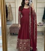 red color embroidery sequin work with real mirror work chinnon silk blend gown set
