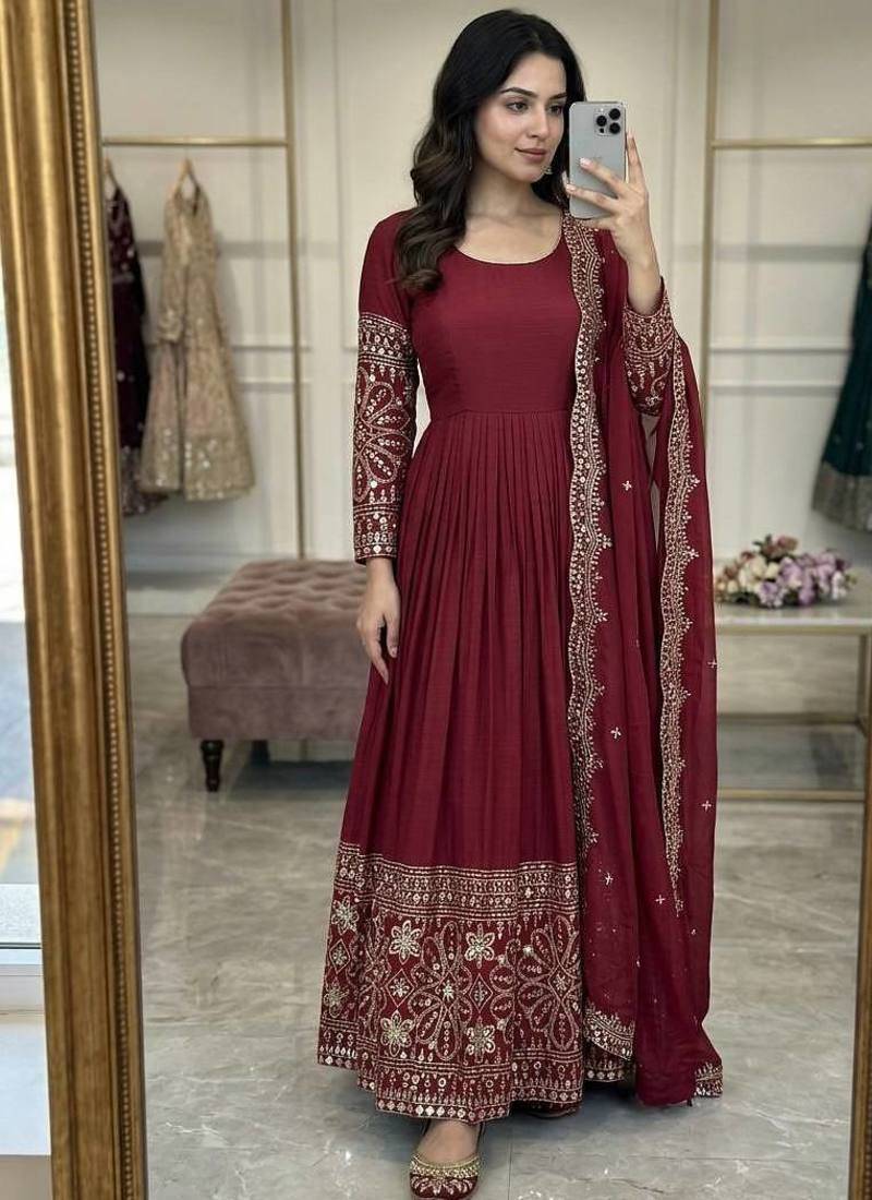 red color embroidery sequin work with real mirror work chinnon silk blend gown set