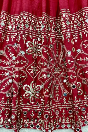 red color embroidery sequin work with real mirror work chinnon silk blend gown set