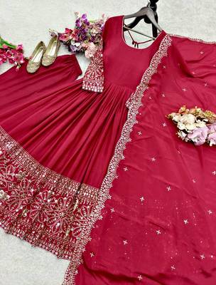 red color embroidery sequin work with real mirror work chinnon silk blend gown set 3
