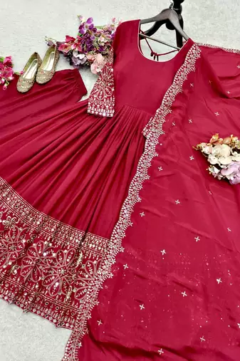 red color embroidery sequin work with real mirror work chinnon silk blend gown set