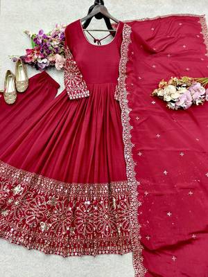 red color embroidery sequin work with real mirror work chinnon silk blend gown set 4