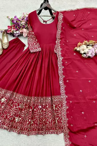 red color embroidery sequin work with real mirror work chinnon silk blend gown set