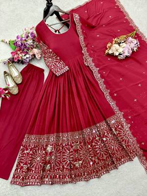 red color embroidery sequin work with real mirror work chinnon silk blend gown set 5