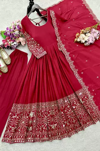 red color embroidery sequin work with real mirror work chinnon silk blend gown set