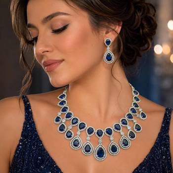 sapphire crystal teardrop necklace and earrings set, silver halo bridal jewellery 1